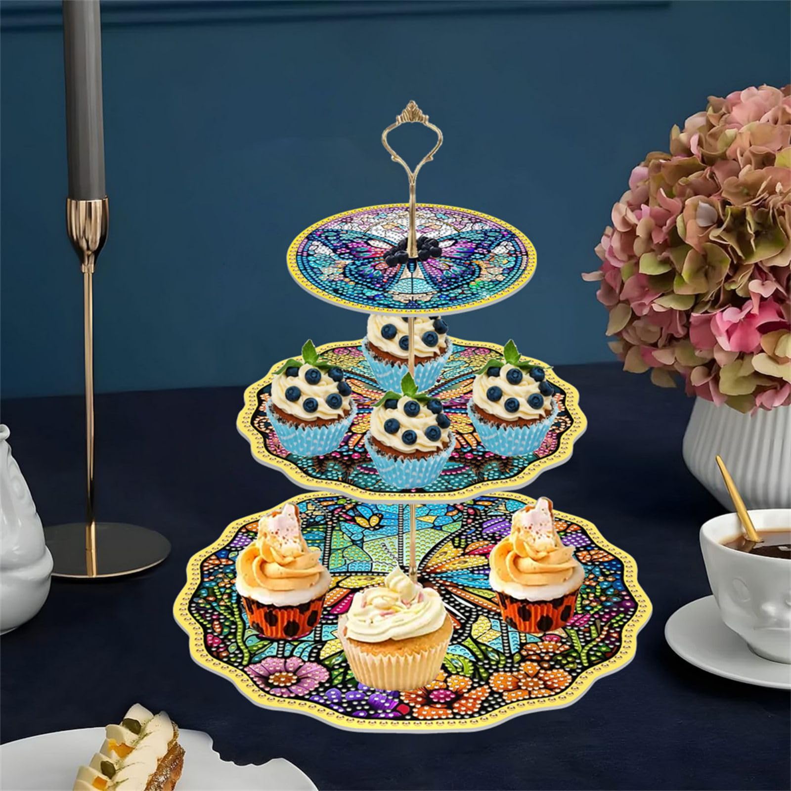ARTopet DIY Diamond Art Painting Cupcake Stand Diamond Three Layer Dinner Snack Rack Afternoon Tea Display Tower Single Sided Spot Drill for Birthday Wedding Home Decor-Butterfly