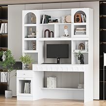 MOUMON Home Office Computer Desk with Hutch and 3 Drawers, Modern Executive Desk with Bookshelf and Glass Doors, Arch Patterns, Writing Table for Study Room, White, 23D x 62.4W x 79.1H
