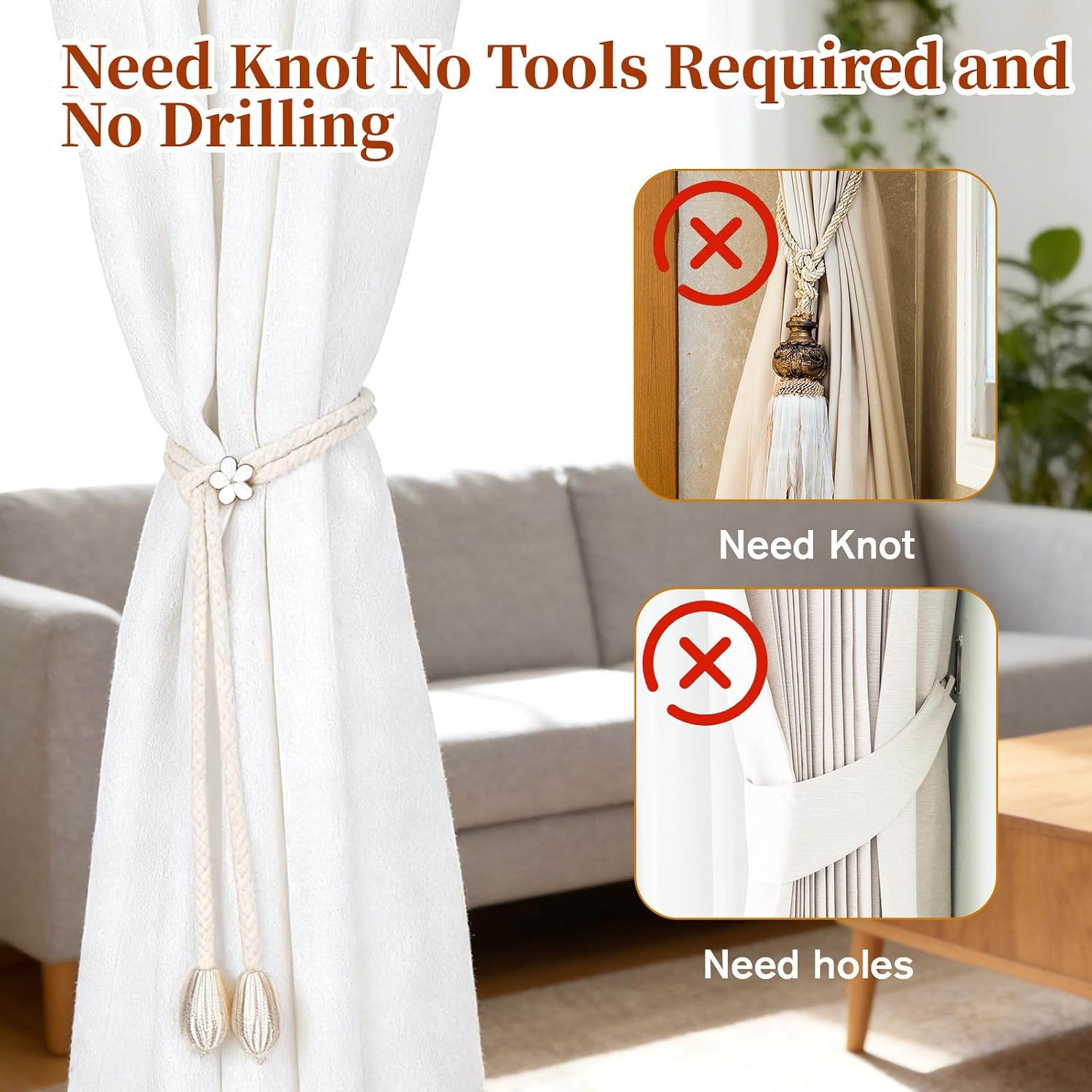 4 Pcs Curtain Tie Backs No Drilling, Rope Curtains Tiebacks Tassel Style, Boho Curtain Holders for Living Room Bedroom Outdoor Yard Garden, Beige (Fits Black Blue Light Color Curtains)