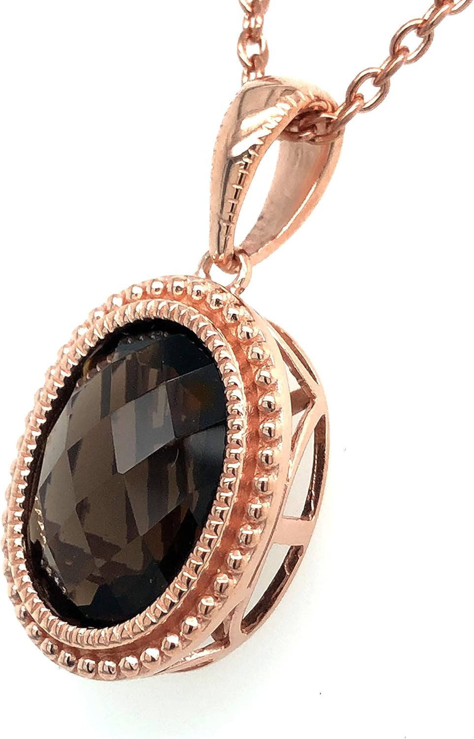 LE VIAN 8 Carat Brown Smoky Quartz Milgrain Oval Pendant Necklace for Women in 925 Sterling Silver with 14k Rose Gold Plating on 21 Inch Chain with Lobster Claw Clasp