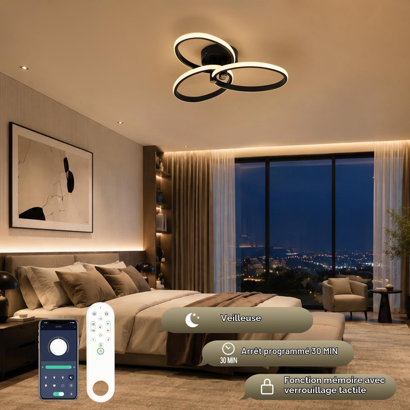 OTREN Plafonnier LED Chambre Dimmable 40W 4000lm avec Télécommande, 47 cm