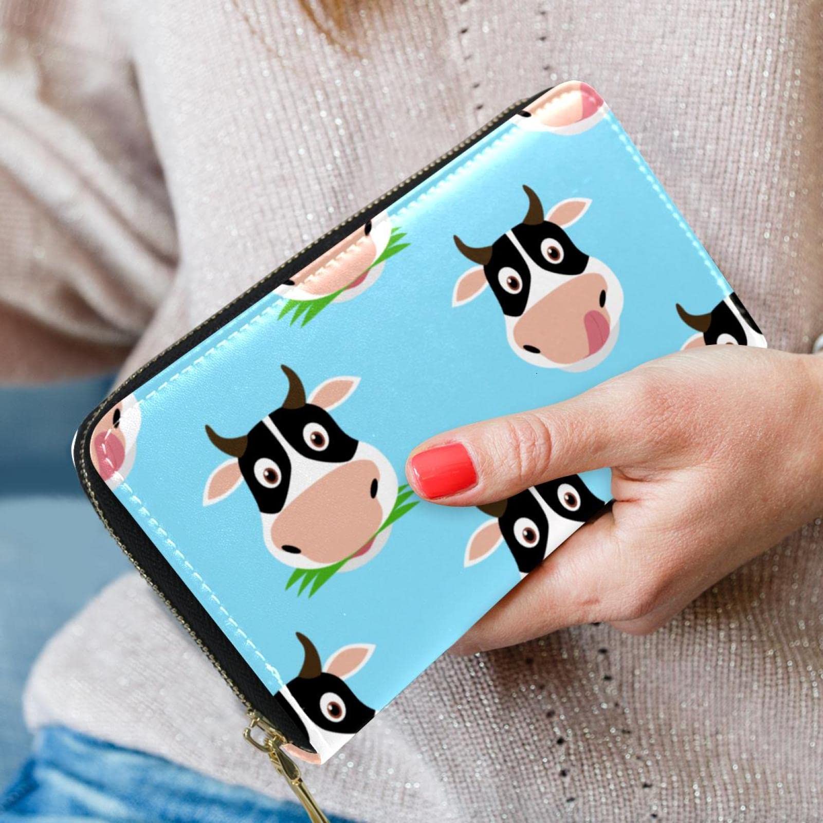 Cartera larga de piel con cremallera y diseño de vaca sobre fondo azul, Varios colores, 20.5x2.5x11.5cm/8.07x1x4.53 in, Classic