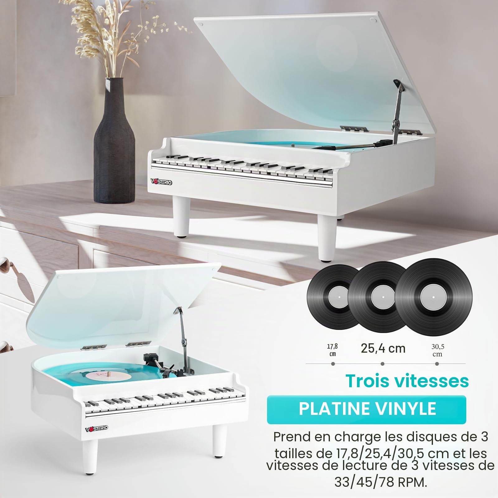 Vosterio Tourne-disque vinyle à 3 vitesses avec haut-parleurs stéréo intégrés, tourne-disque avec fonction de réception Bluetooth et sortie Bluetooth, lecteur USB, vinyle vers MP3, blanc