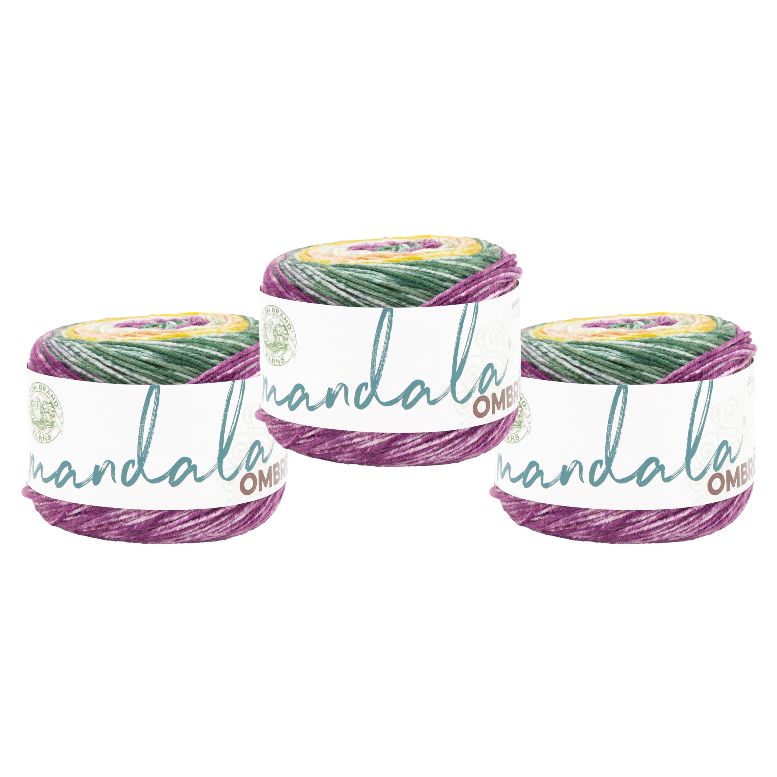 Lion Brand Yarn Mandala Ombré Yarn with Vibrant Colors, Soft Yarn for Crocheting and Knitting, Wonder, 3-Pack