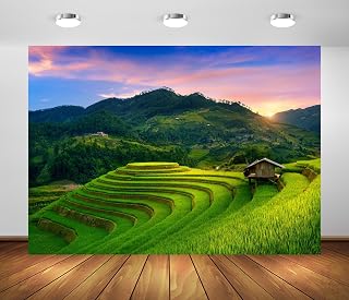 BELECO 7x5ft Fabric Vietnam Rice Terraces Backdrop Rural Green Rice Fields Mountains Countryside Scenery Background for Party Decorations Photo Shoot Studio Props