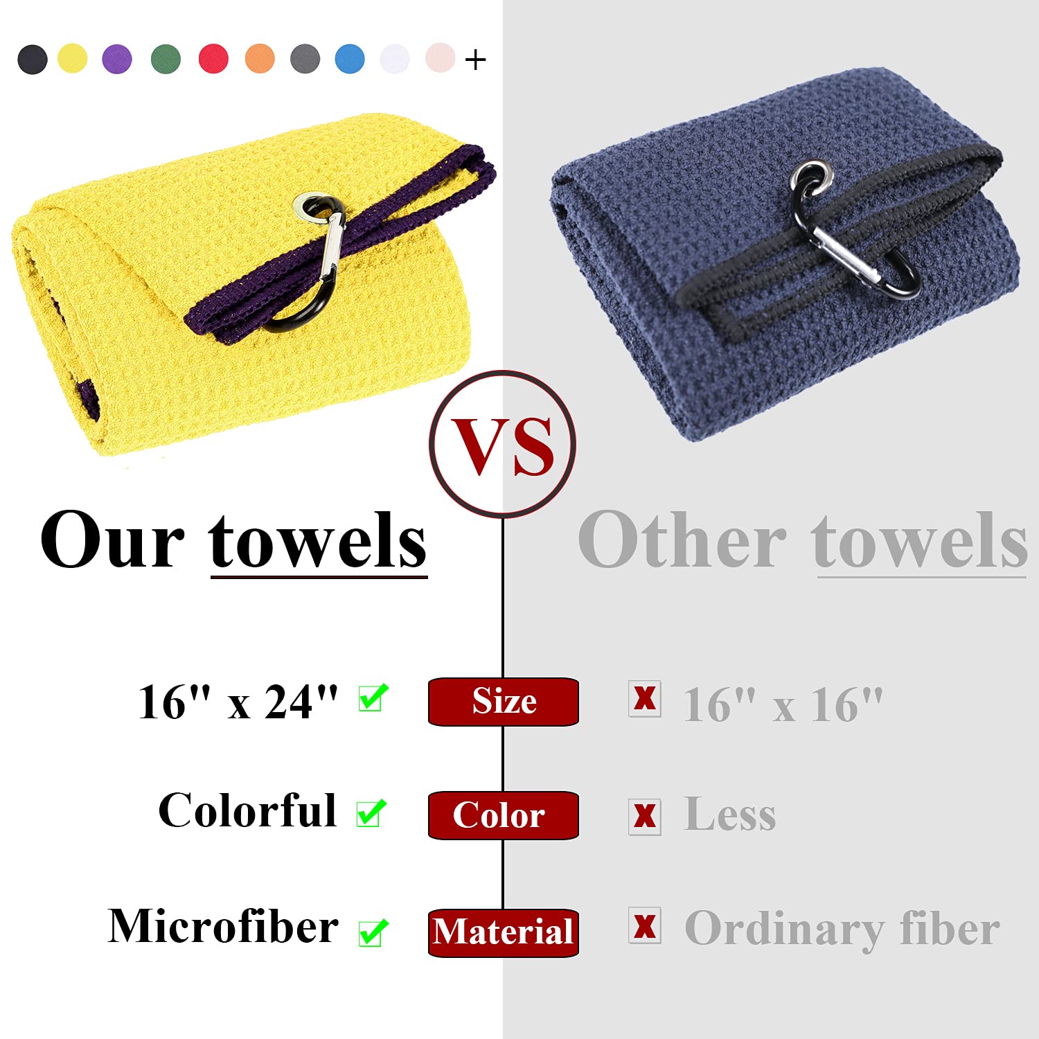 VIVIDLY Paquete de 2 toallas de golf de triple pliegue, tela de microfibra de alta calidad, patrón de gofre con mosquetón negro resistente, toallas de golf amarillas para bolsas de golf para hombres