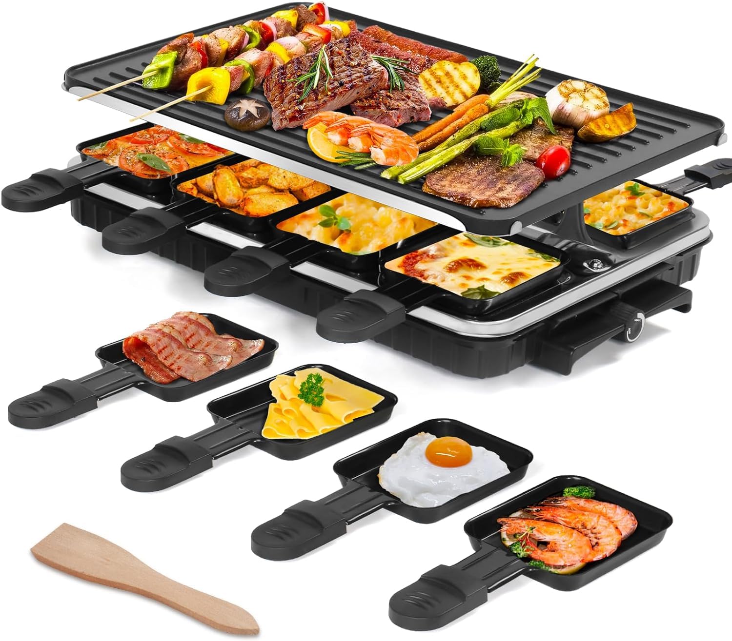 Appareil à raclette - 1300 W - Plaque de cuisson électrique coréenne - 2 en 1 - Avec 8 poêles à fromage et spatules en bois - Antiadhésif - Pour 8 personnes - Idéal pour les fêtes