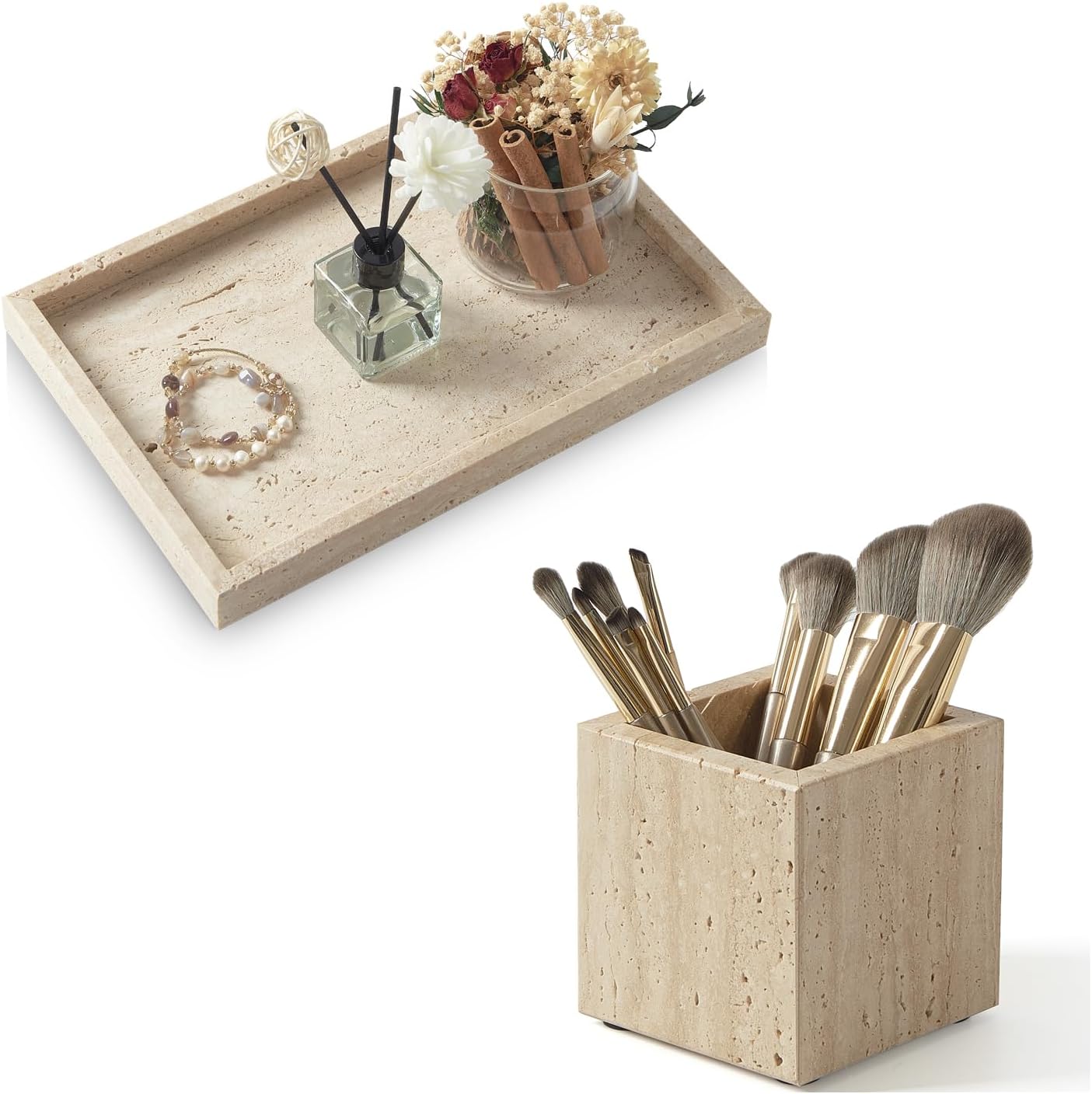 Travertine Tray & Travertine Toothbrush Holder Set - Modern Bathroom Organizer