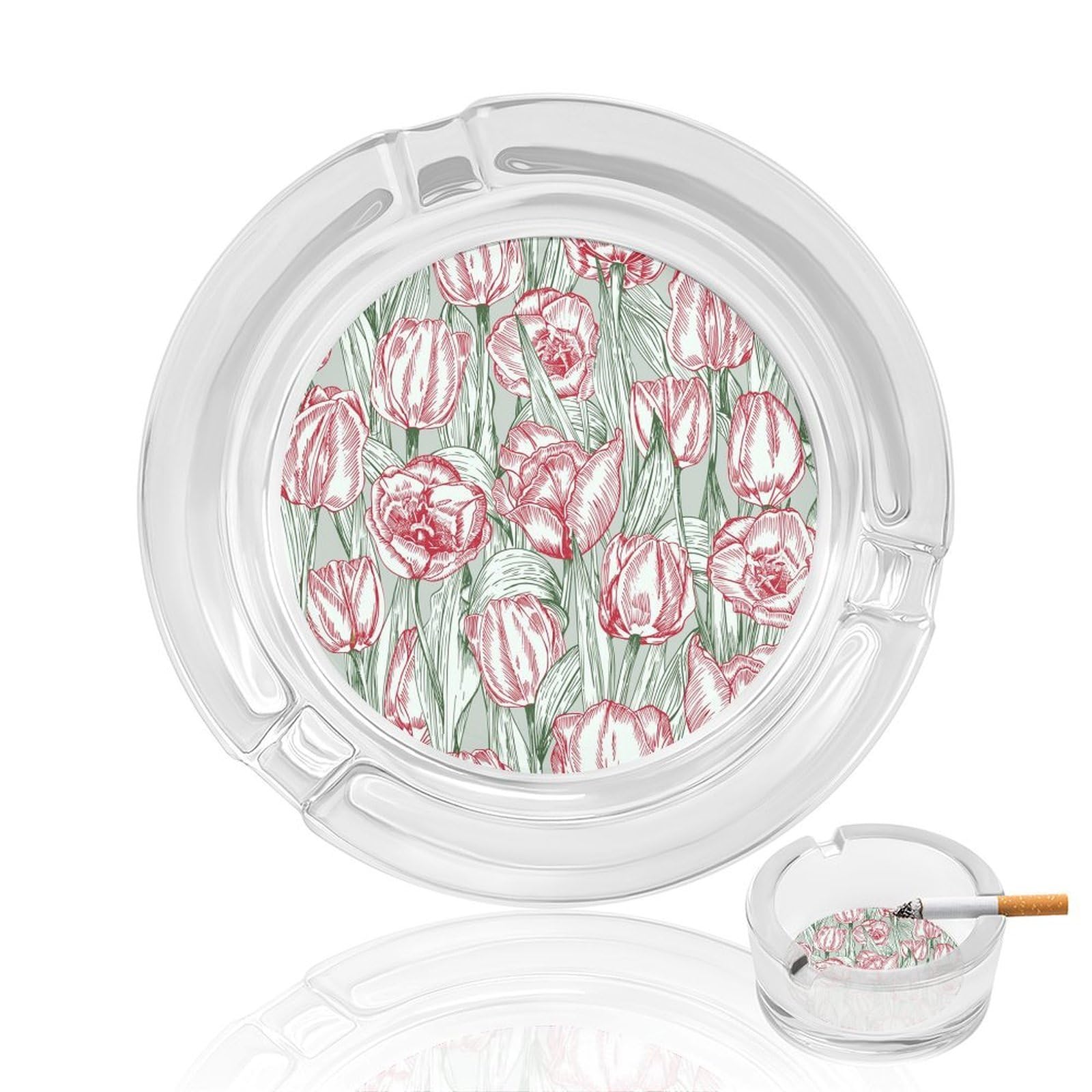 Watercolor Tulip Fl Glass Ashtray 3.3 Inch Round Cigarette Ash Holder with 4 Grooves for Home Office Outdoor One Size