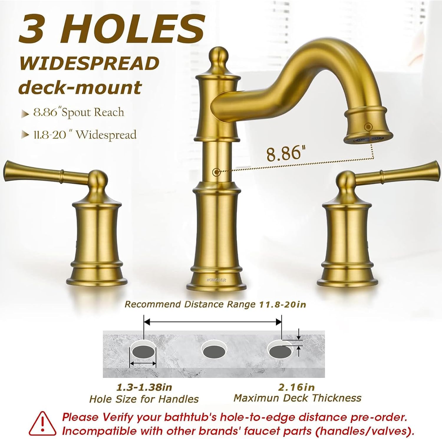 Roman Bathtub Faucet Deck Mount Tub Faucet for Bathroom Widespread Elegant Classic Spout with 3 Holes 2 Handle Valve Cartridge Included,Brush Gold image 3
