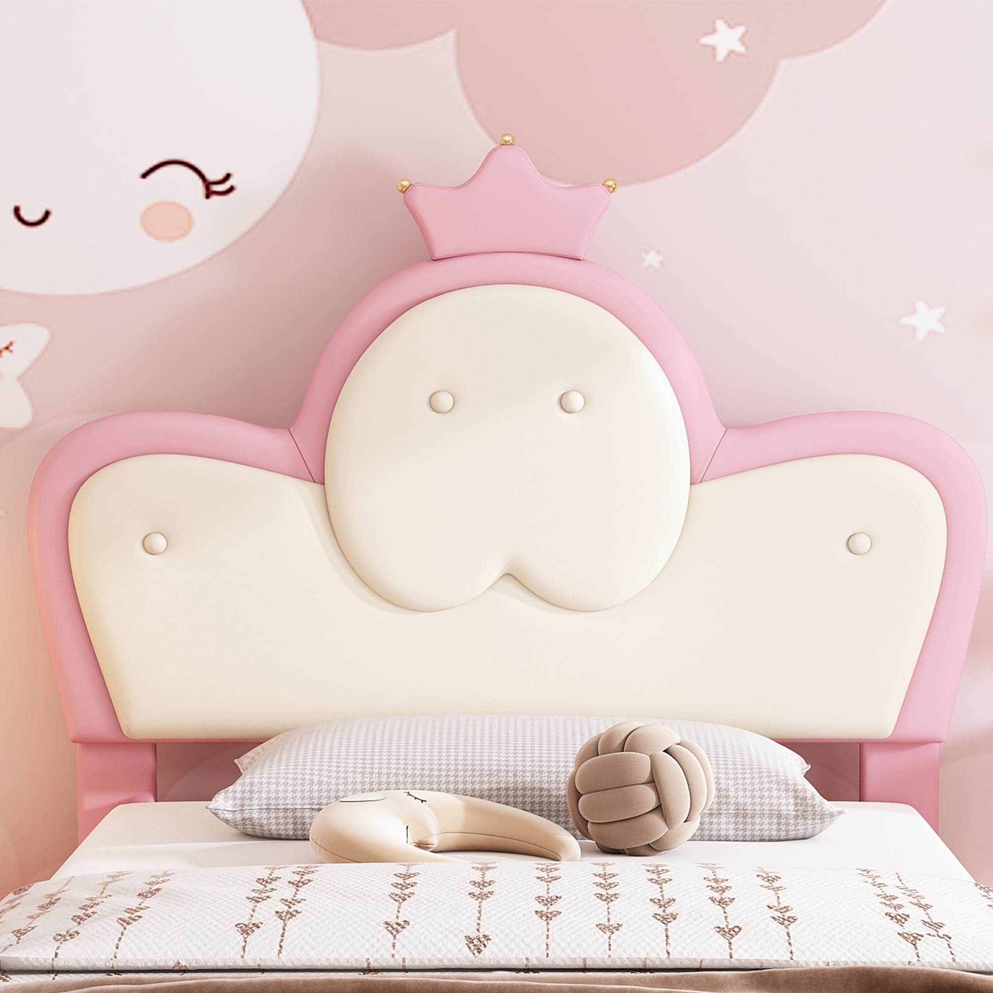 Merax Kinderbett Polsterbett 90x200cm mit LED-Streifen, Mädchen Einzelbett, Kopfteil in Wellenform mit Krone, Bettgestell mit Lattenrost und Fußteil, Jugendbett, PU, ohne Matratze, Rosa & Weiß