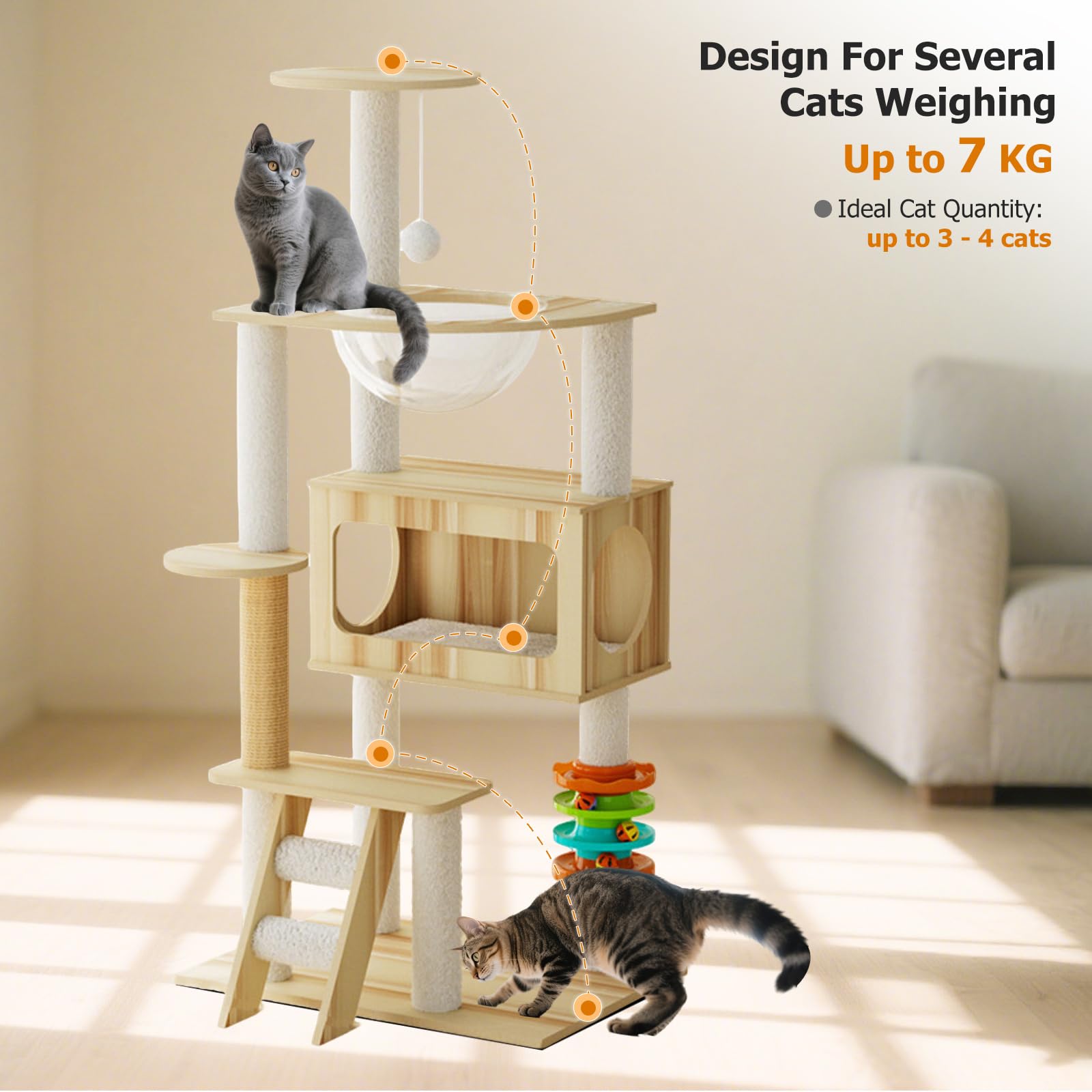 PETCUTE Torre per Gatti in Legno,Grande,Più Gatti,119cm Tiragraffi per Gatti Stabile con Capsula Spaziale Trasparente,Piattaforma di Osservazione, Parco Giochi,Scala,Grotta,Facile da Pulire