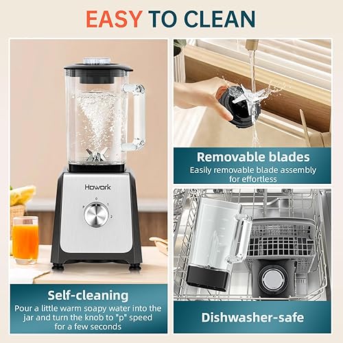 Miniatura 4 de HOWORK Licuadora para batidos, licuadora personal de 750 W, tarro de vidrio de 56 onzas, vasos portátiles de 16 onzas, velocidad 2+P, 3 funciones