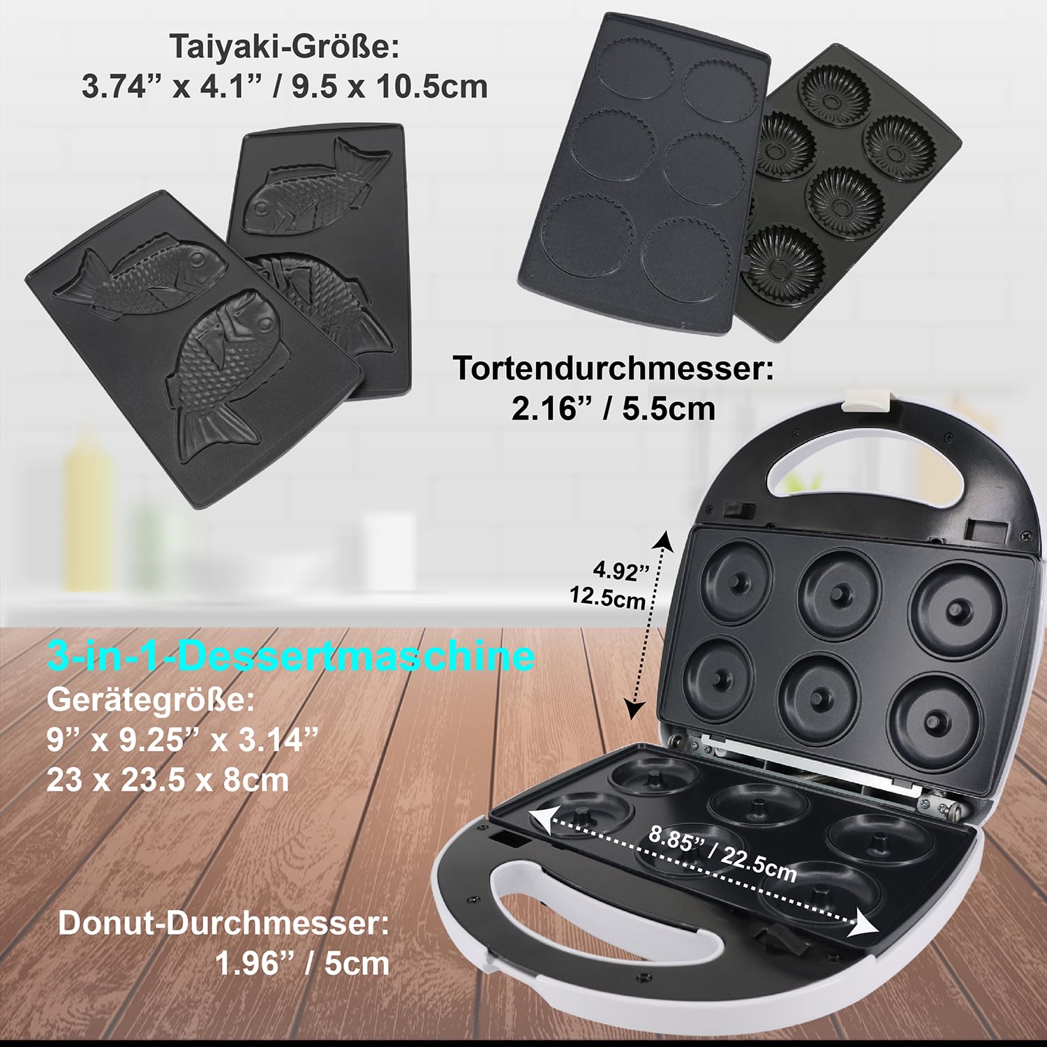Donuts Bäcker, Mini-Kuchen und Quiche , Taiyaki 3 in 1 Drei Scheiben herausnehmbarer Dessert von StarBlue - Weiß AC 220-240V 50/60Hz 700-800W, UK Stecker mit EU Adapter