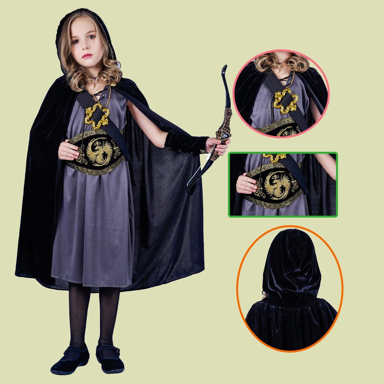 DSplay Girls Hooded Huntress Costume Role Play Child Halloween Party Costumes - Image 3