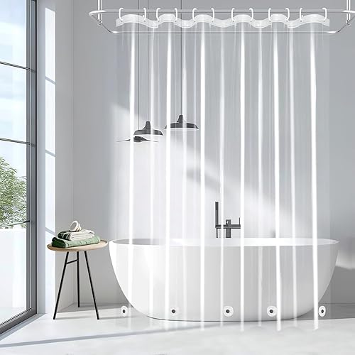 Miniatura 20 de EurCross Cortina de ducha transparente con ganchos y 5 pesos imanes, resistente al agua, de alta calidad, 9G, PEVA, cortina de ducha de plástico