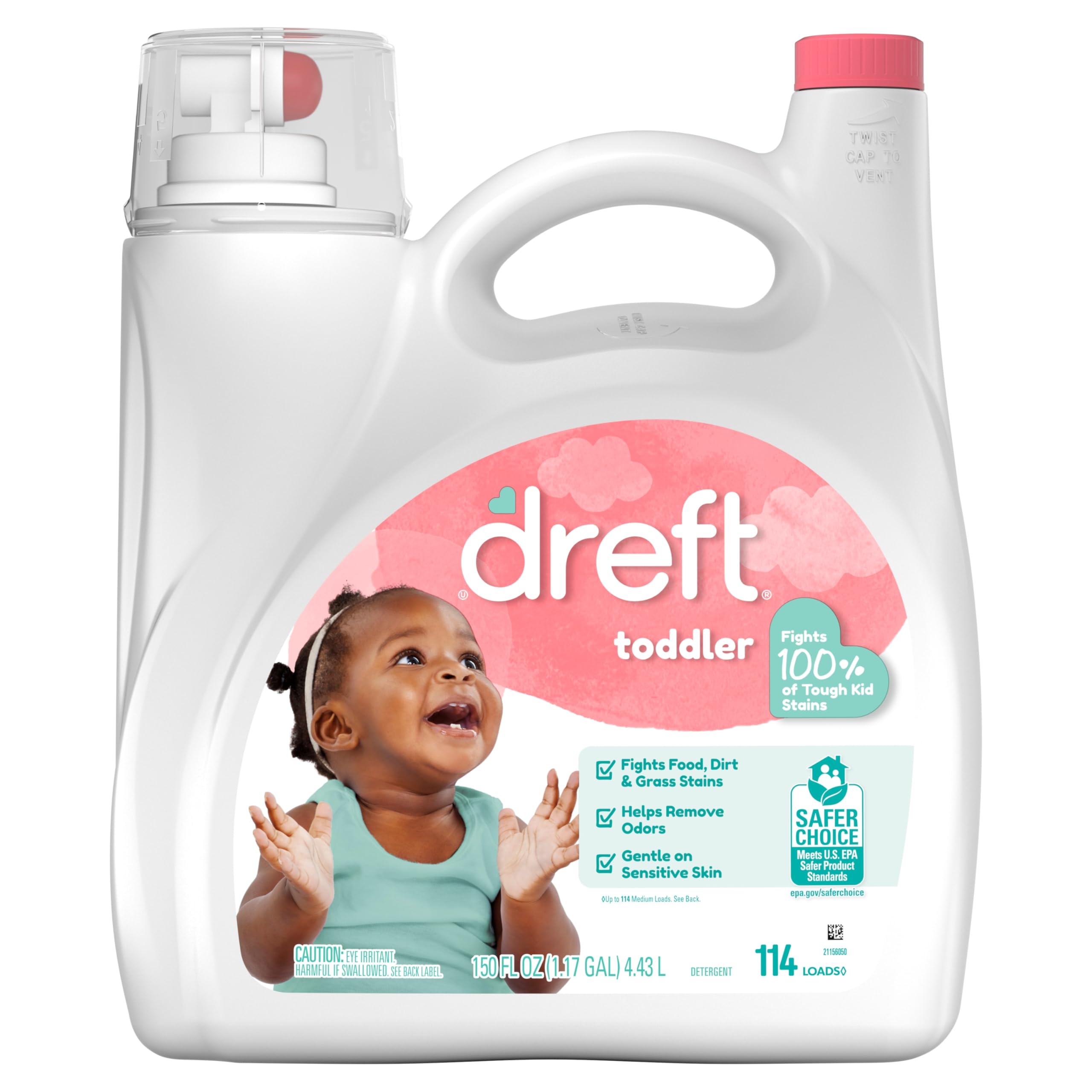 Dreft Stage 2 Active Baby Detersivo liquido per bucato, aiuta a rimuovere il 99% delle macchie di alimenti per bambini, ipoallergenico, 114 carichi