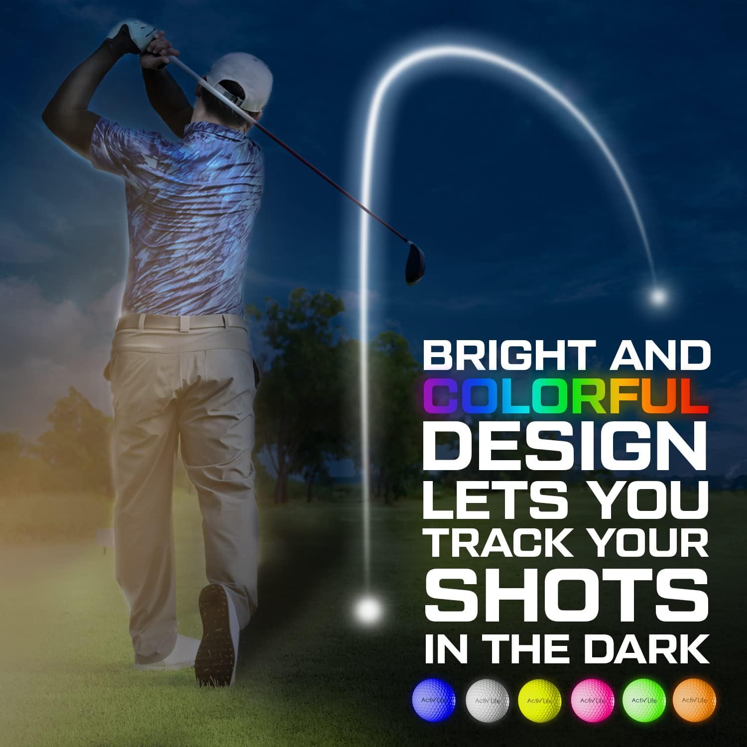 Activ Life 6 Pack Super Bright LED Golf Balls, Lighted Glow in The Dark Golf Balls for Night, 40 Hours Battery, Don't Let Sundown Stop You, Summer Novelty Gift for Golfers, Rainbow