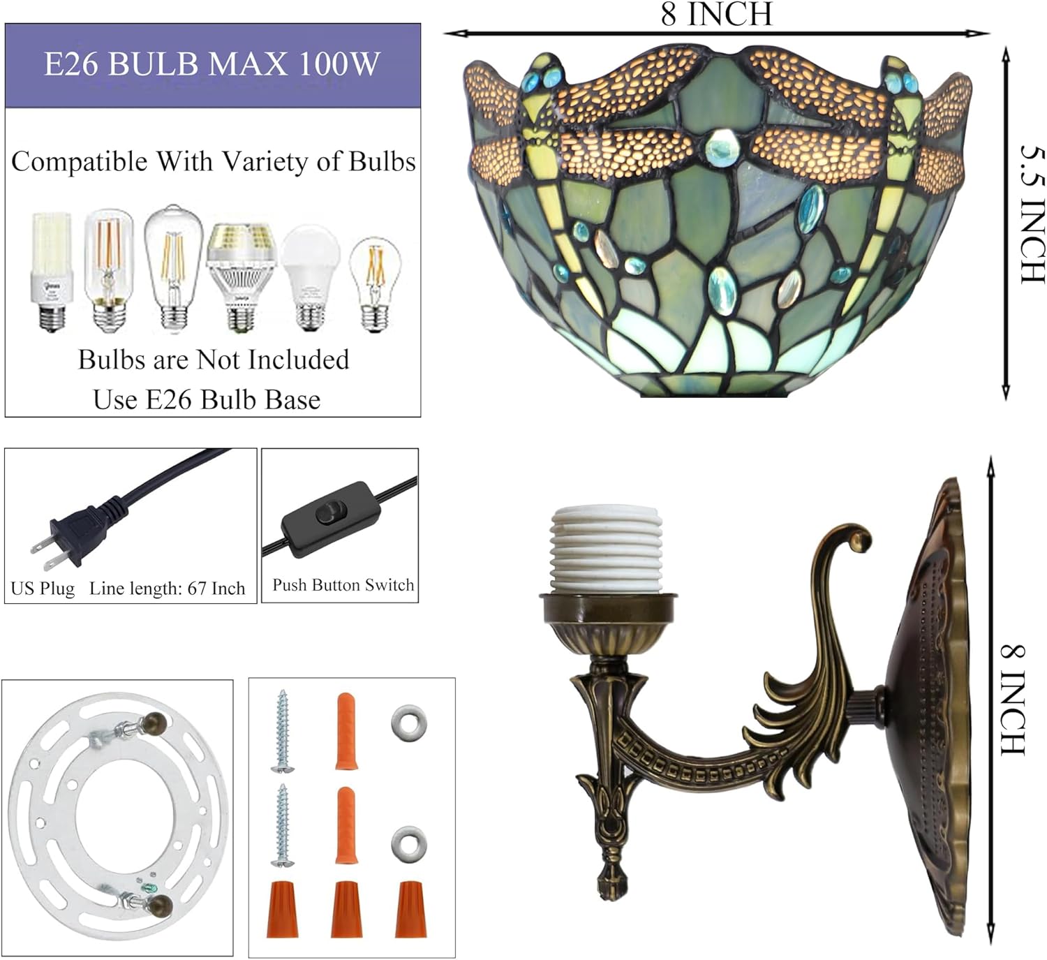 Wall Sconce Lamp Plug in with 8 inch Stained Glass Lampshade 8X10.5X11 Inch Stained Glass Wall Lamp (Sea Blue Dragonfly)