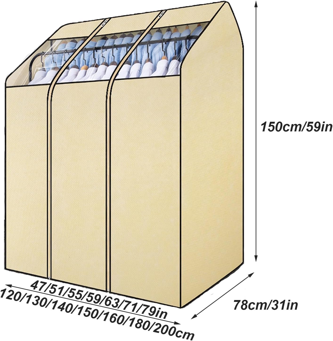 Clothing Rack Covers for High and Low Double Pole Clothes Hanger, Garment Rack Cover with Zipper and Clear Window for Suit, Coat, Long Dresses, Beige(130x78x150cm/51x31x59in)