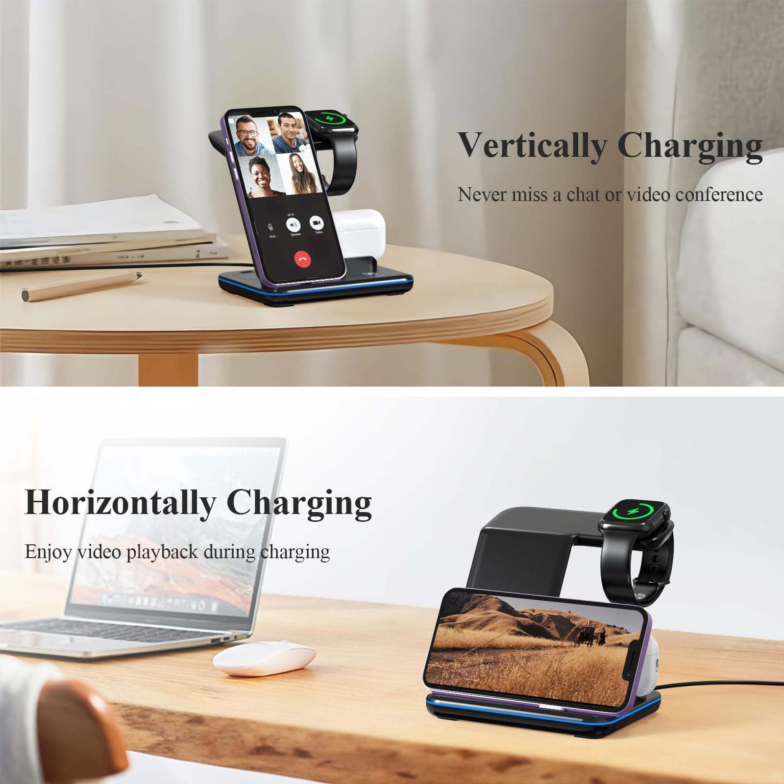 Minthouz Caricabatterie wireless per telefono, stazione di ricarica rapida da 18 W per iWatch (il caricabatterie dell'orologio non è incluso), AirPods, supporto per caricabatterie wireless compatibile