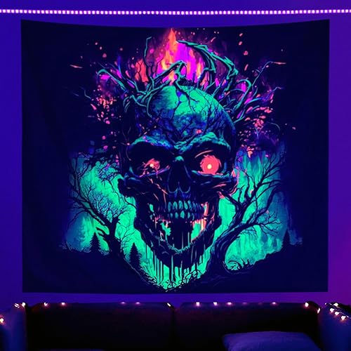 Miniatura 1 de SparkLia Tapiz de calavera de fuego con luz negra, tapiz para colgar en la pared, tapiz de neón de terror oscuro aterrador, bosque de esqueleto