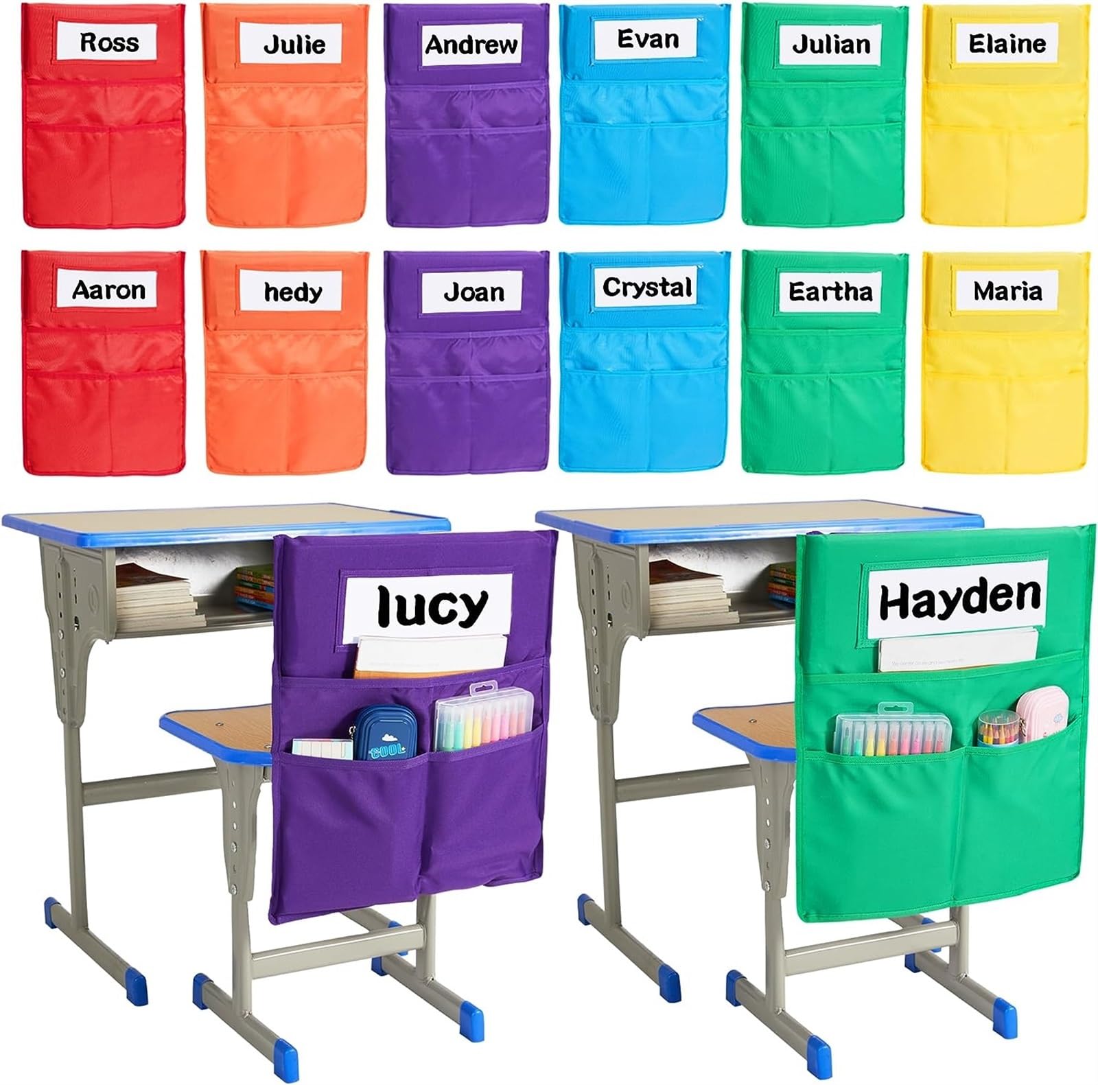 THE WHITE SHOP 12 Pack Chairback Buddy Pocket Chart, Chairback Buddy Pocket Chair Pockets for Classroom with 3 Pockets and 1 Student Name Tag, Chair Pockets Organizer