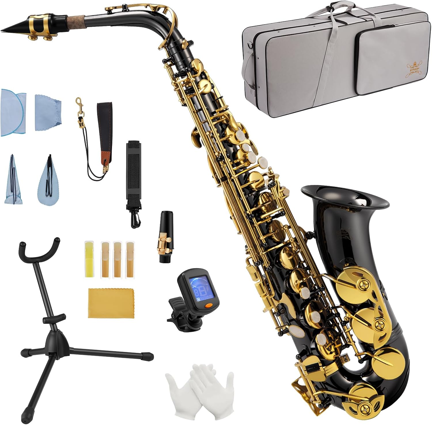 STRICH Eb Alto Saxophone Brass Student Beginner Alto Sax Kit with Hard Case Stand Neck Strap Mouthpiece and Reeds for School Band Home Practice, SSA-31B, Black
