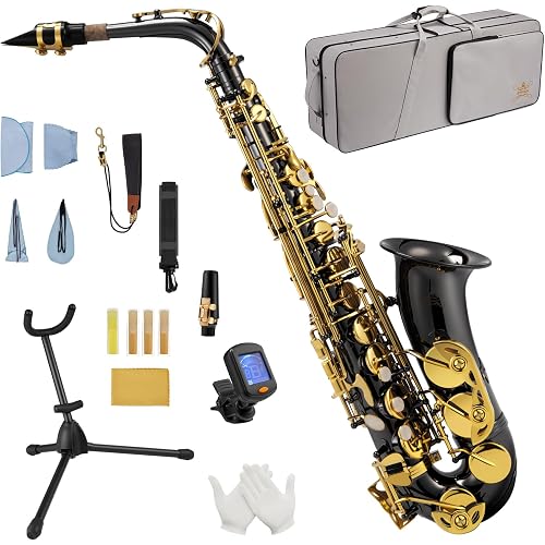 STRICH Eb Alto Saxophone Brass Student Beginner Alto Sax Kit with Hard Case Stand Neck Strap Mouthpiece and Reeds for School Band Home Practice, SSA-31B, Black