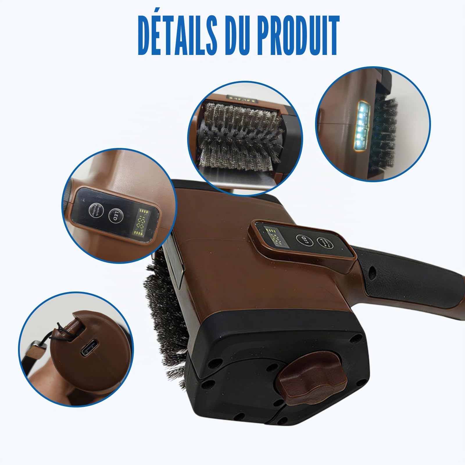Brosse de barbecue électrique sans fil avec lumière LED et indicateur de batterie, brosse de nettoyage électrique, rechargeable à 800 tr/min, tête de brosse amovible pour grilles de barbecue et