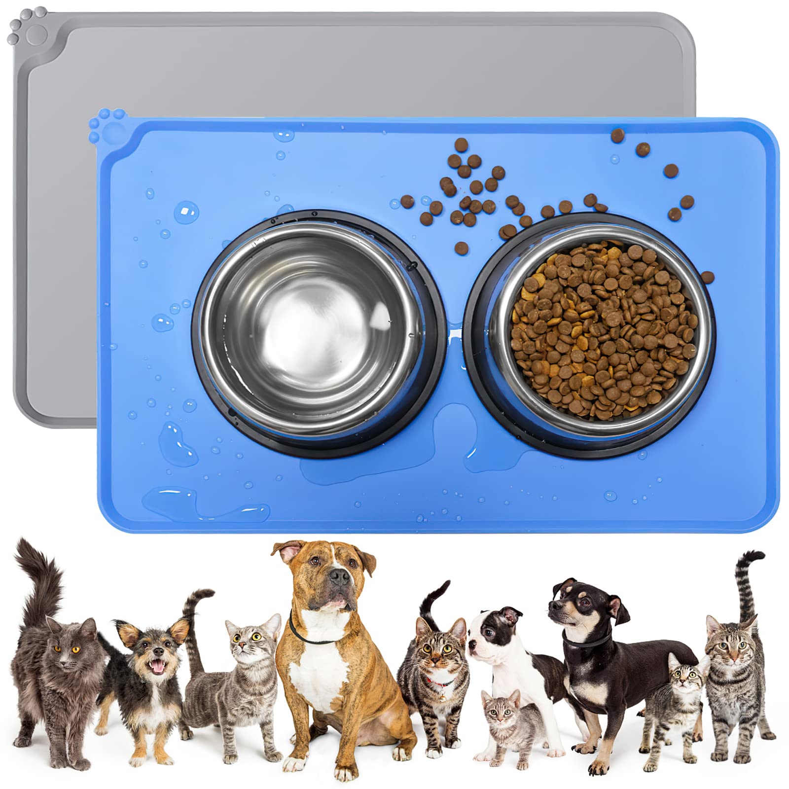 Lanjue 2 Pieces Dog Food Mats, 18.7 x 11.8 Inch Dog Bowl Mat Waterproof Dog Drinking Bowl Mat Silicone Pet Feeding Mat Non Slip Cat Food Mat Pet Placemat,blue and grey
