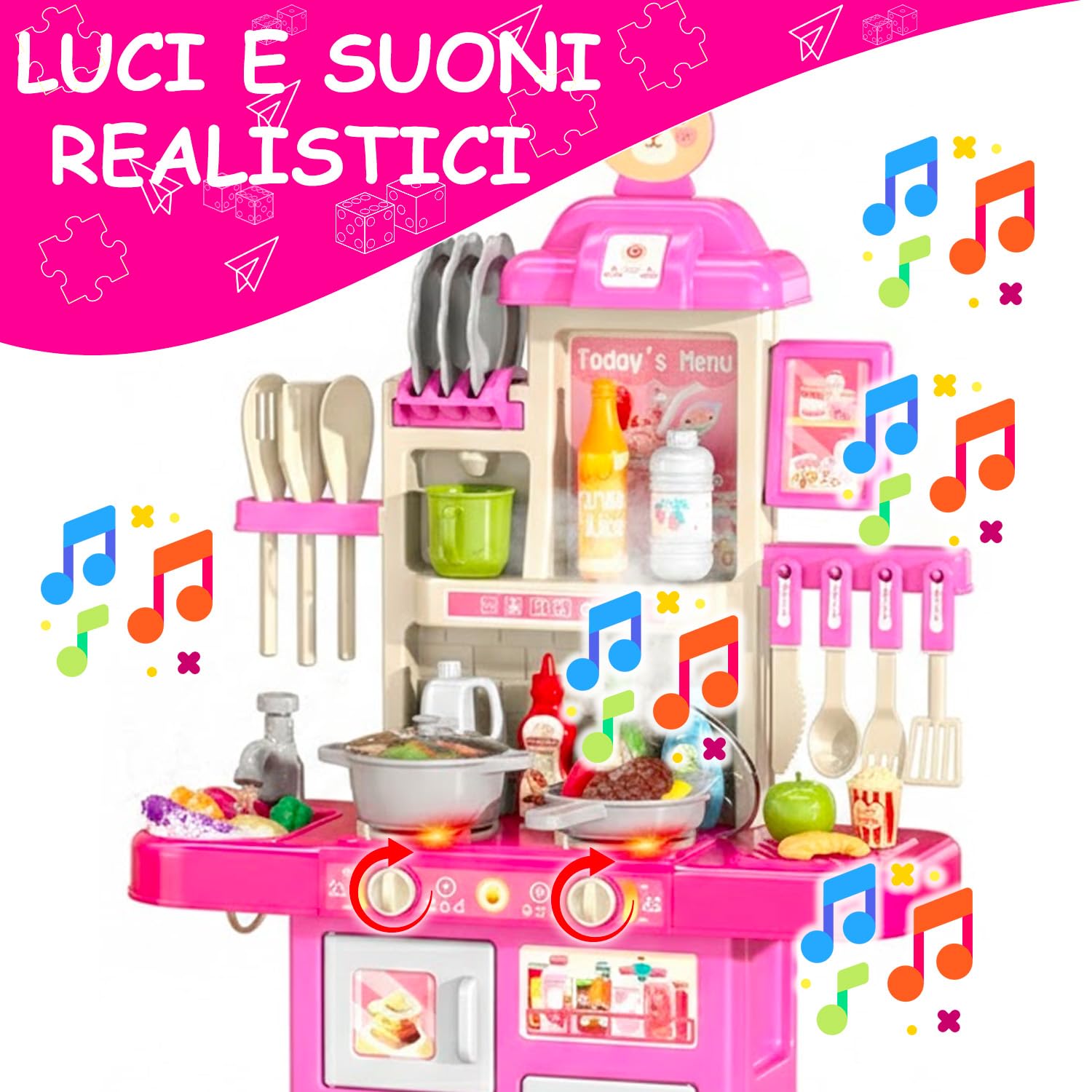 Cucina Giocattolo Per Bambini Con Luci E Suoni Realistici 69 Accessori Rubinetto Con Sistema Di Riciclo Dell'Acqua E Fornelli Per Bambini Dai 3-5 Anni Set Cucina (Rosa)