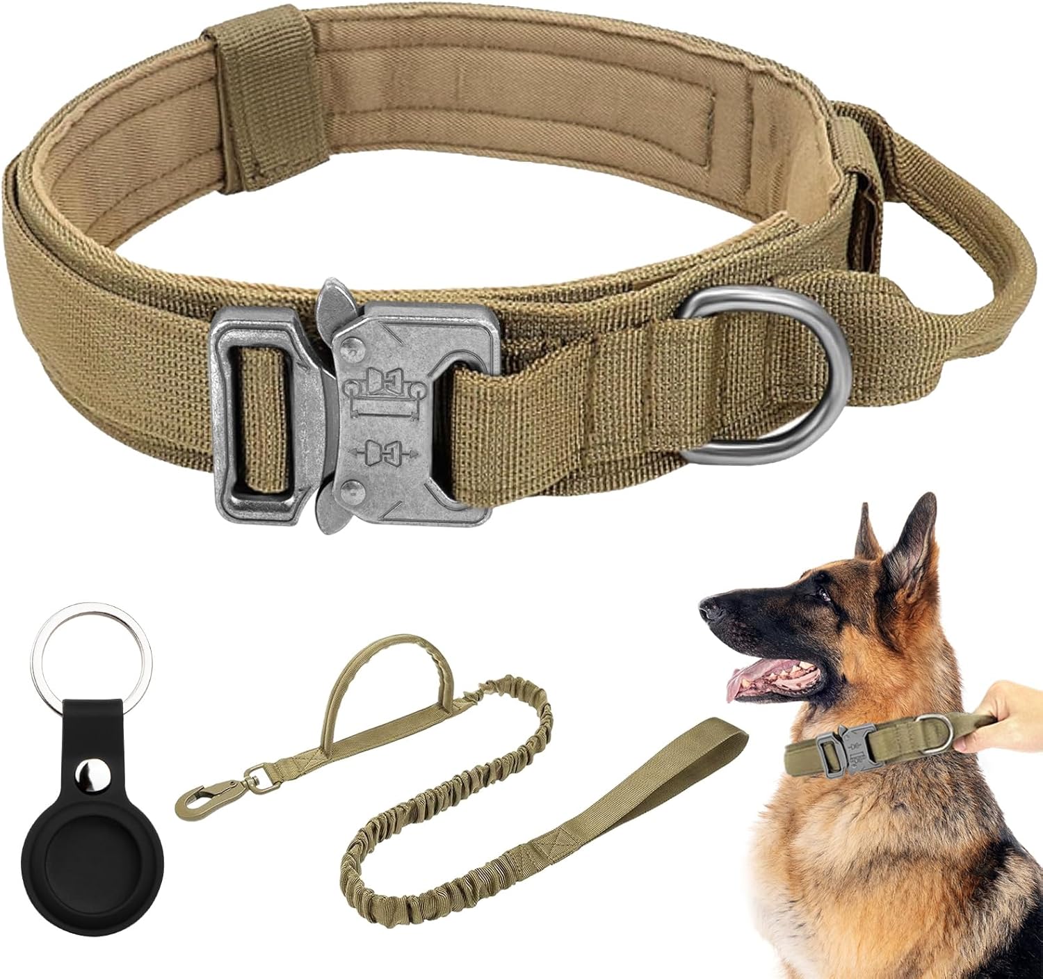Tactical Navy Canine Collar – Adjustable Nylon with Management Deal with & Heavy Metallic Buckle for Medium & Massive Canines – Airtag Case (M, Brown-Set)