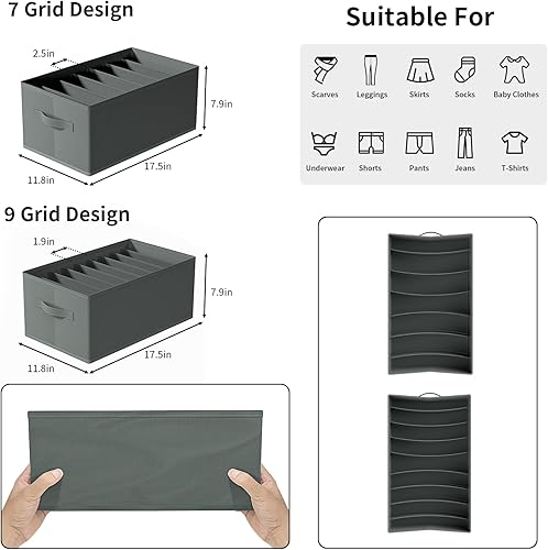 Miniatura 2 de HOUSEHOLD WORLD Organizador de ropa para armario, organizador de pantalones de 7 rejillas con asas, juego de 4 organizadores de cajones plegables,