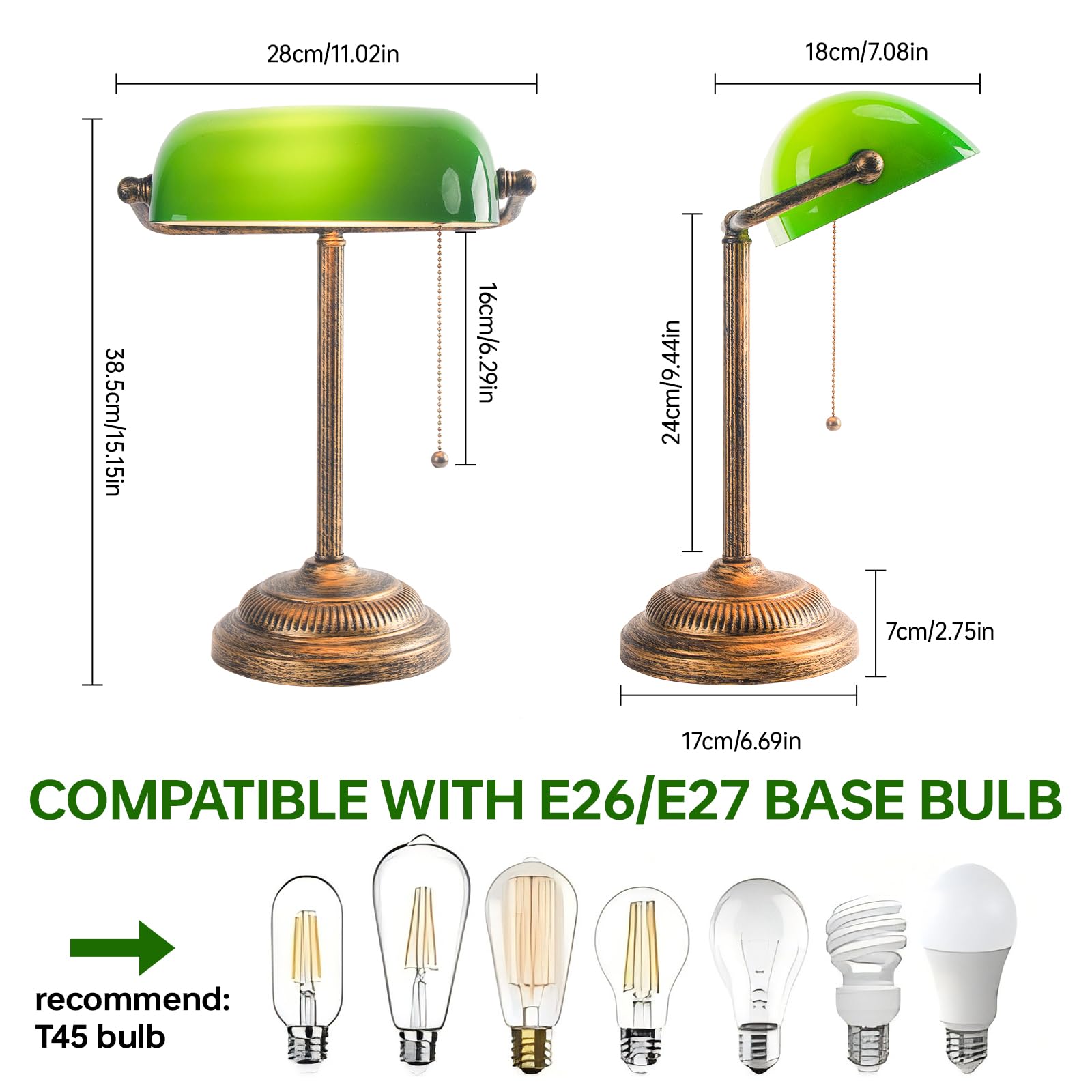 FIRVRE Banker-Schreibtischlampe mit Zugkettenschalter, grüner Glasschirm, E27-Bronzesockel, Vintage-Bibliothekslampe für Büro und Arbeitszimmer