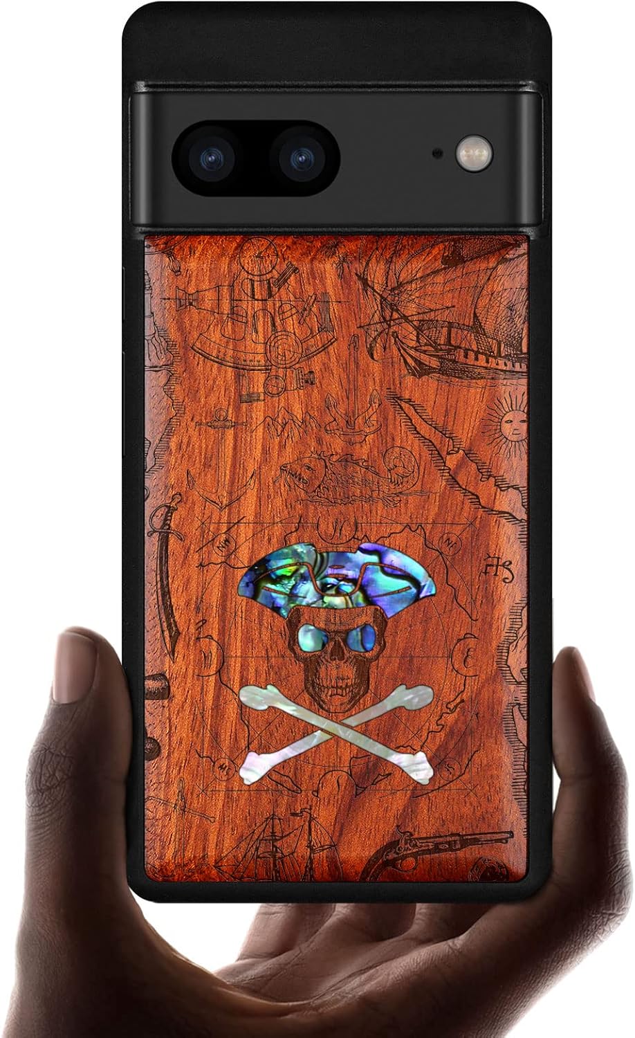 Carveit Designer Wooden Case for Google Pixel 7 Case Protective Cover [Wood Engraving & Shell Inlay] Unique Wood Cover Compatible with Wireless Chargers Pixel 7 (Pirate Skull-Rosy)