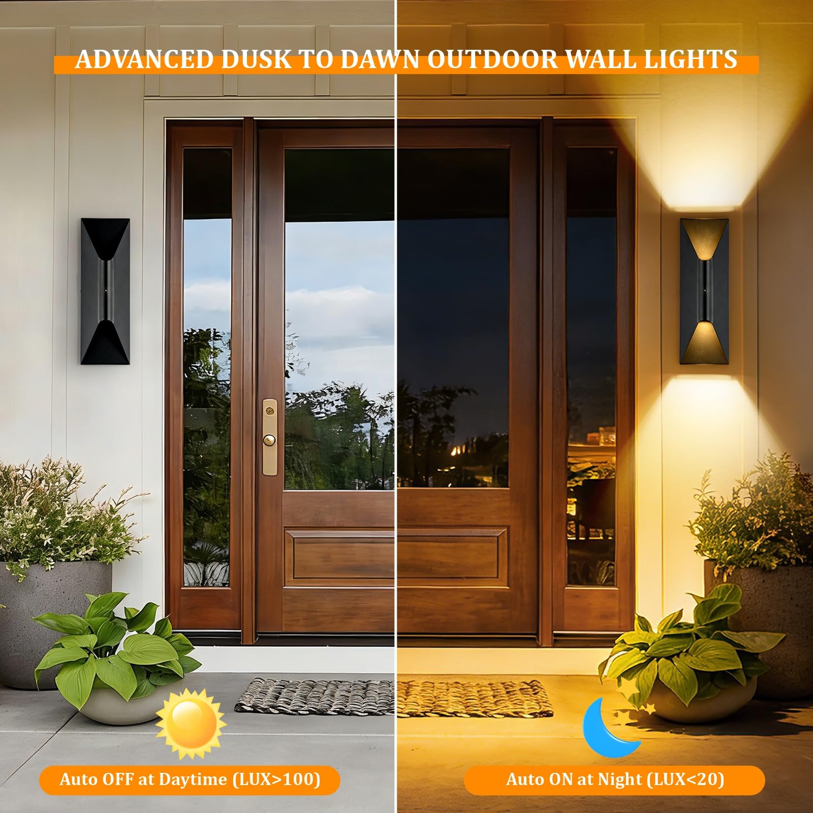 Dusk to Dawn - Confezione da 2 lampade da parete per esterni, 38,1 cm, su e giù, impermeabile, lampadina sostituibile, LED da 3000 K, luci moderne nere per esterni, per casa, portico, garage