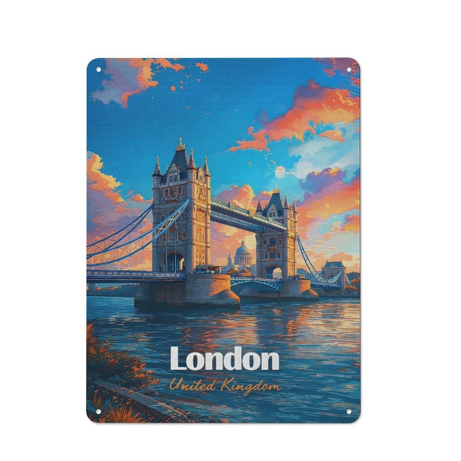 Metal Plaque with London Tower Bridge at Sunset Design 40x30cm, Rustic Cafe Wall Decor for Restaurant, Kitchen, Counter Or Breakfast Nook