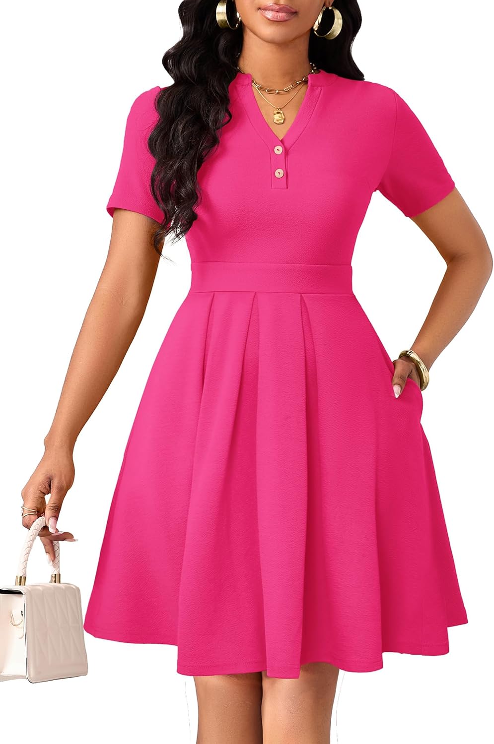 Womens Short Sleeve V Neck Casual Semi-Formal Dress Wedding Guest Cocktail Dresses with Pockets