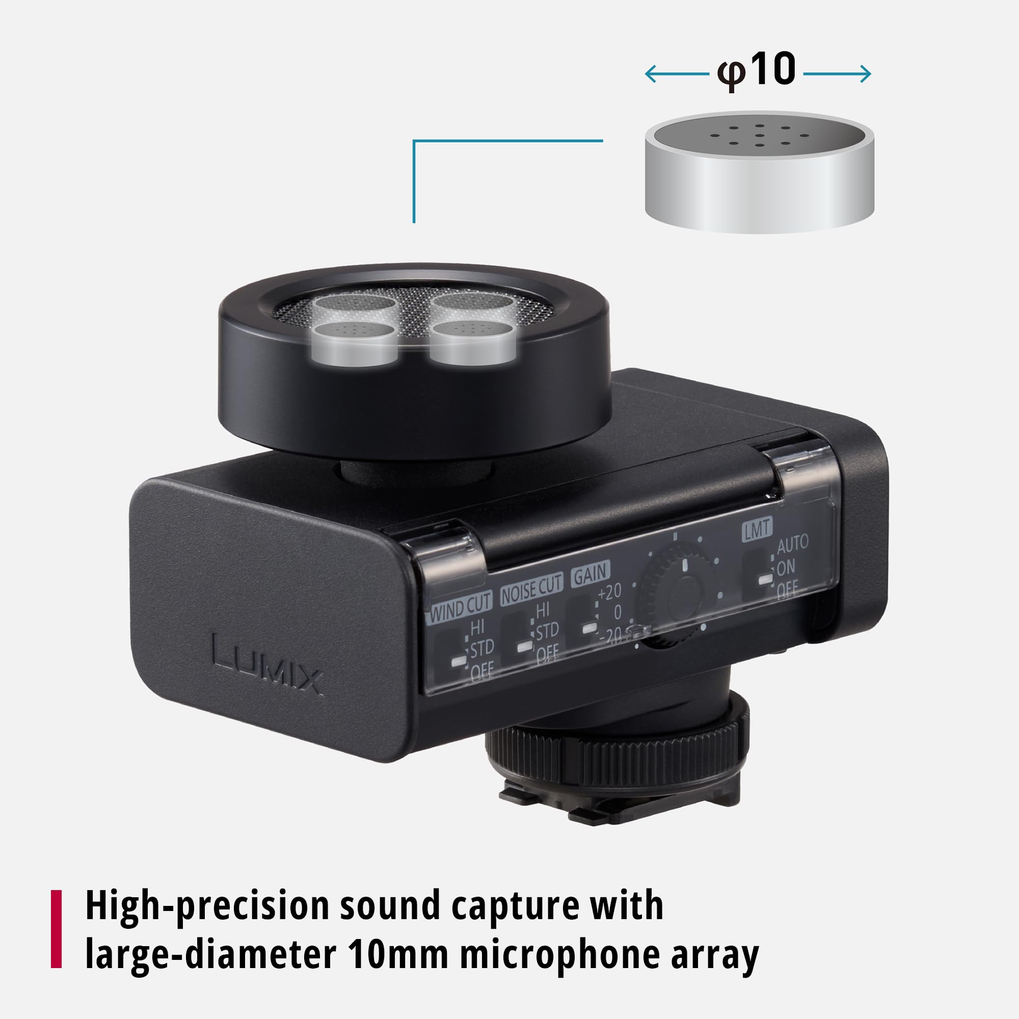 Panasonic Lumix DMS1 microfono digitale shotgun, 32 bit float, audio a 4 canali, 6 modalità direzionali, wireless, riduzione di vento e distorsioni, con custodia smart