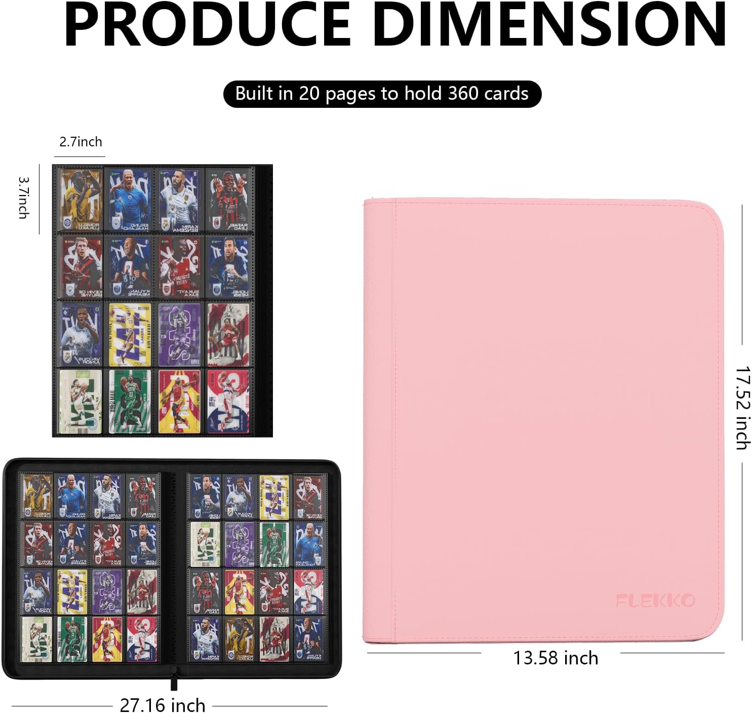 Premium 16 Pocket Card Binder, Flekko Trading Card Binder for 1000+ Cards,Trading Card Sleeve,TCG Card Holder for Game Card, Sports Card, Yugioh, MTG. (Pink)