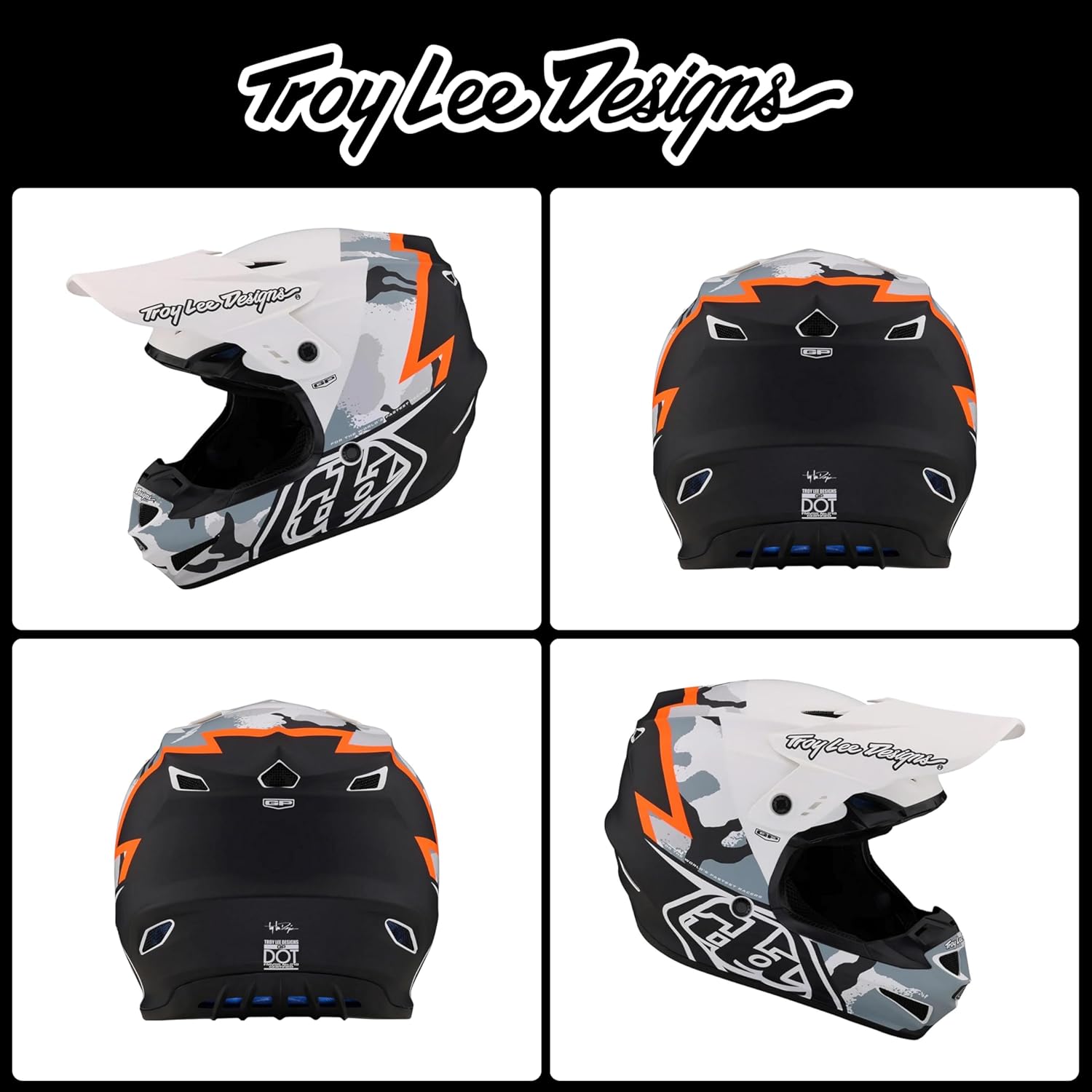 Troy Lee Designs GP Helmet for Motocross MX, Light Weight 16 Vents, Volt Camo White, MD, SKU 103948003