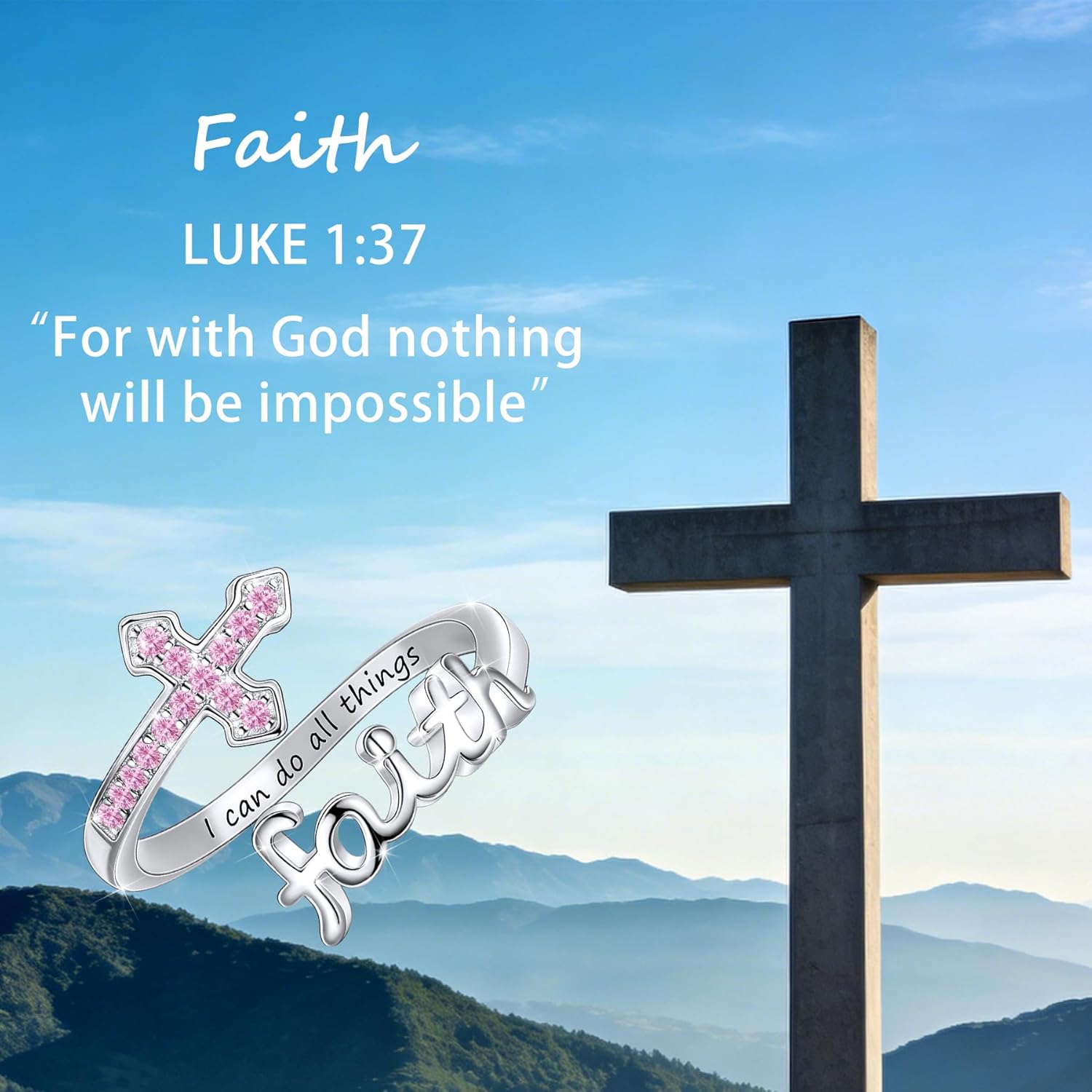 LYTTMAB Birthstone Faith Ring For Women, Sterling S925 Silver Cross Ring For Women, Christian Ring Jesus Ring Religious Christian Gift