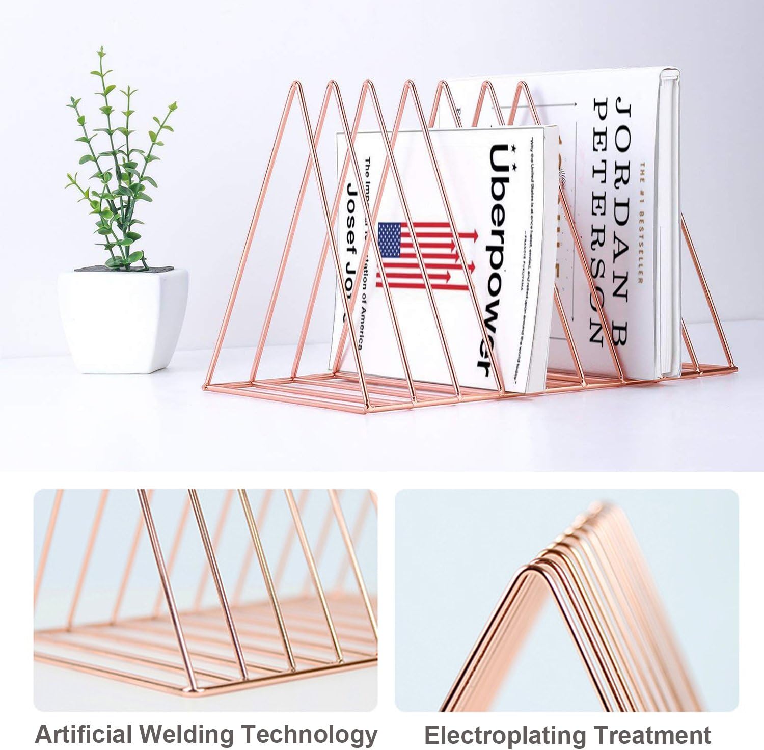 Reliancer File Organizer Triangle Iron Desktop Storage Book Rack Bookshelf Copper Magazine Newspaper Holder Art Desktop Organizer Wire Collection 9 Section for Office Home Decoration(Rose Gold)