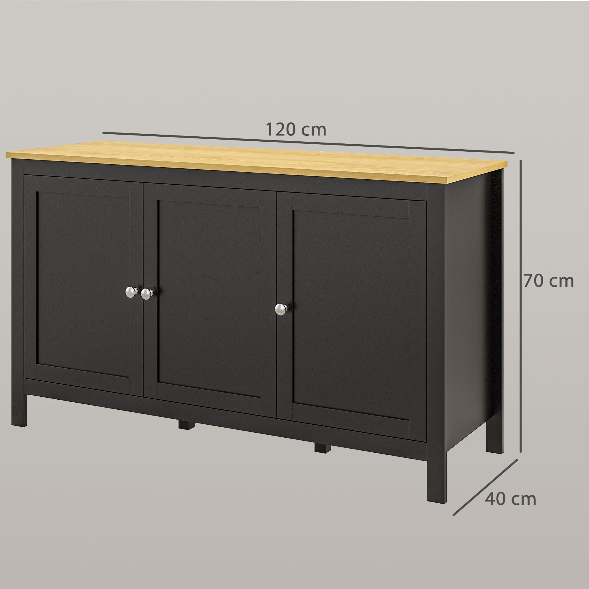 HOMCOM Buffet Meuble de Rangement avec 3 Portes 2 étagères réglables Plateau Aspect Bois Clair - 120 x 40 x 70 cm Noir