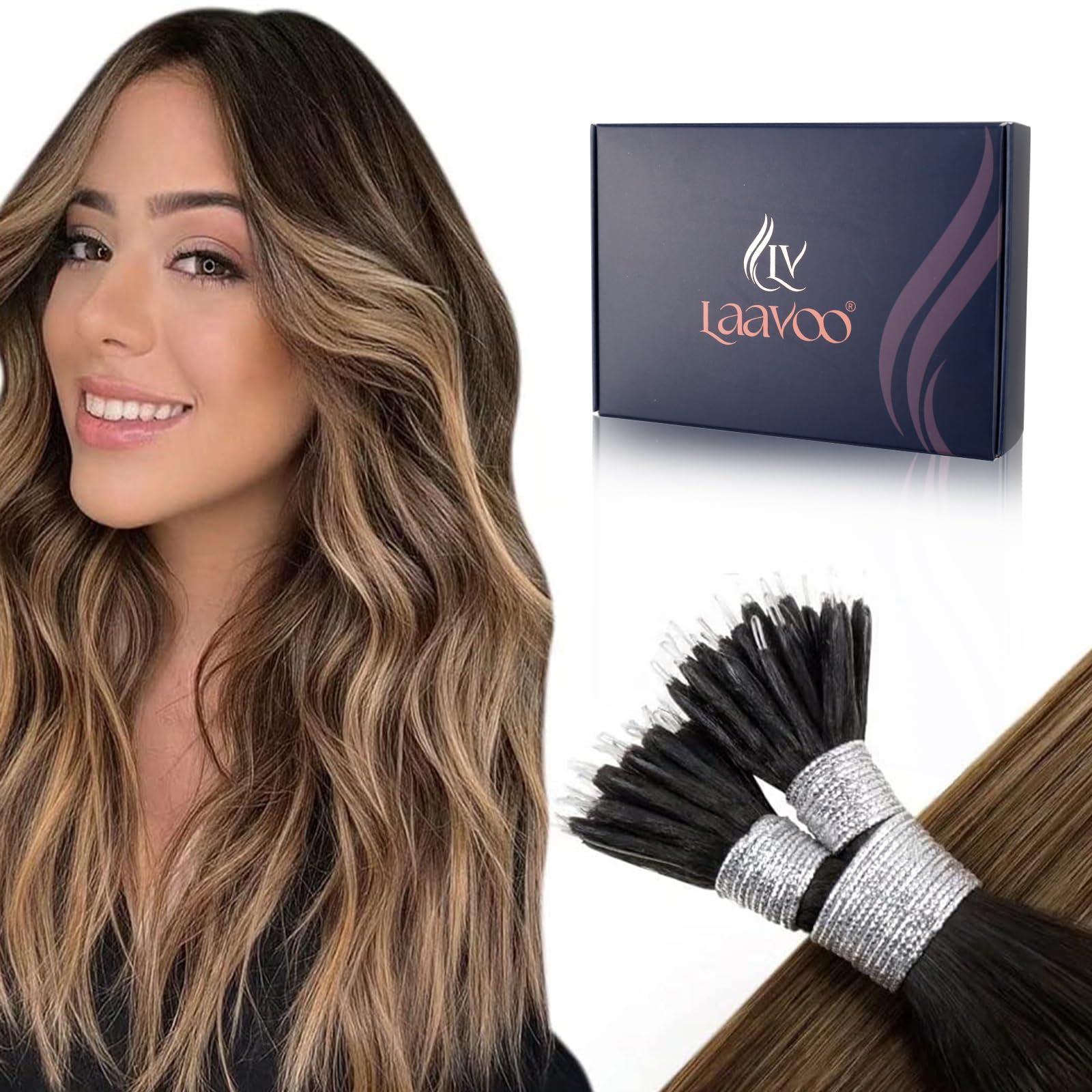 LaaVoo Nano Hair Extensions Real Human Hair Darkest Brown Nano Beads Hair Extensions 20 Inch Balayage Brown to Medium Blonde Invisible Nano Ring Straight Remy Hair 50g 50s #2/6/18