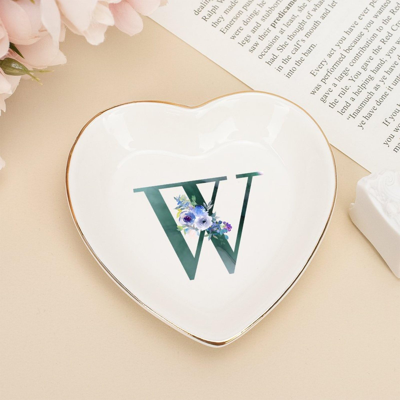 Plateau à bijoux personnalisé W blanc de 10,2 cm pour ranger bagues et alliances de mariage
