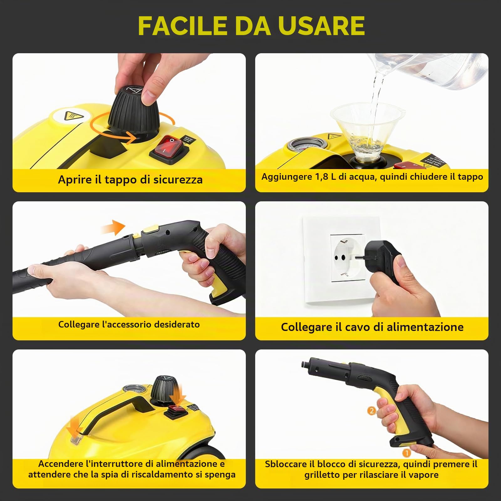 Pulitore a Vapore 2000 W, Pulitore Vapore Casa Portatile con 15 Accessori, Pressione 4 Bar, Serbatoio: 2 L,Vaporetto per la Pulizia Domestica di Tessuti, Fughe, Piastrelle, Auto, Cucina e Bagno