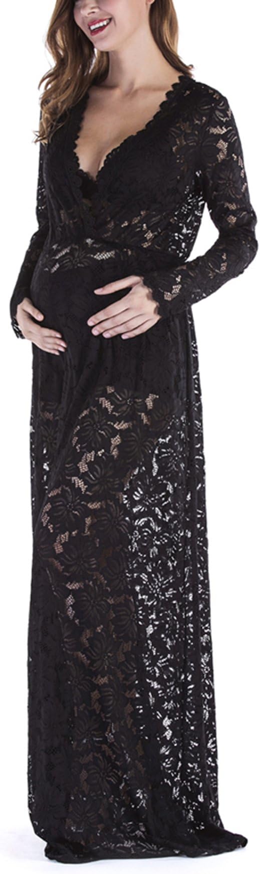 Yomoko Women Sexy Deep V-Neck Lace Maternity Photography Maxi Dress