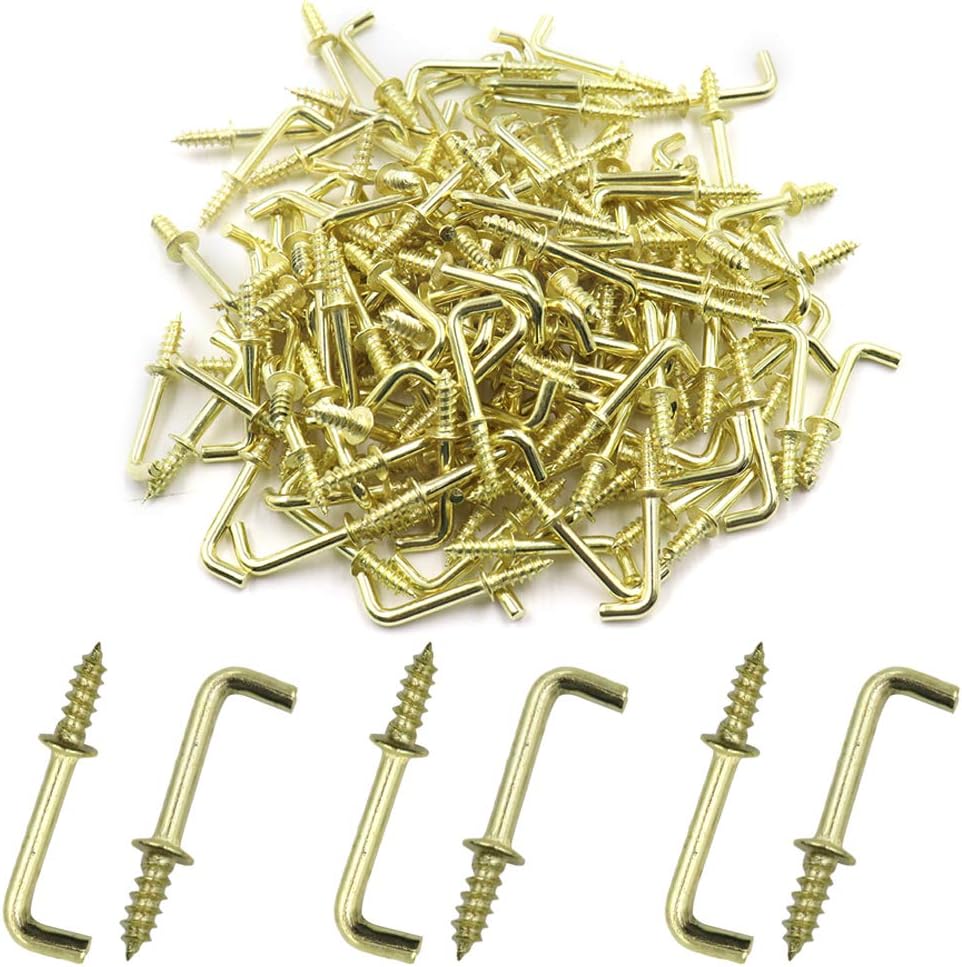 PHITUODA 150Pcs Square Bend Hooks 1/2 Inch Brass Plated L Hooks, Small Right Angle Hooks Mini Metal Screw-in Hooks, Shoulder Hook Screw Self-Tapping Screw Hook for Hanging